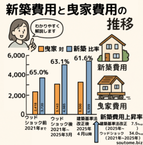 新築と曳家にかかる費用の比率やウッドショック前後、建築基準法改正前後での価格の推移についてわかりやすいグラフィックレコーディングでまとめている画像